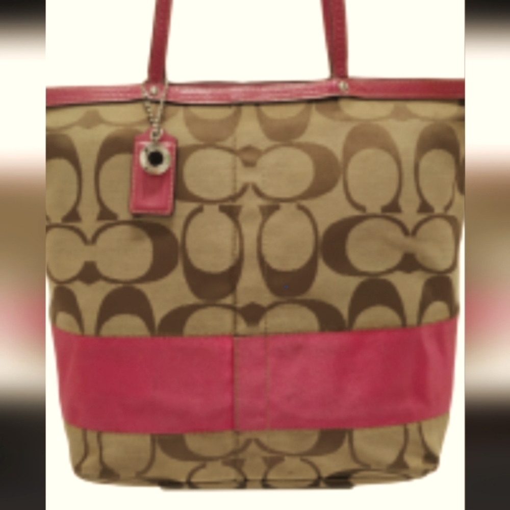 Authentic Coach Pink Tan Signature Canvas Shoulder Bag